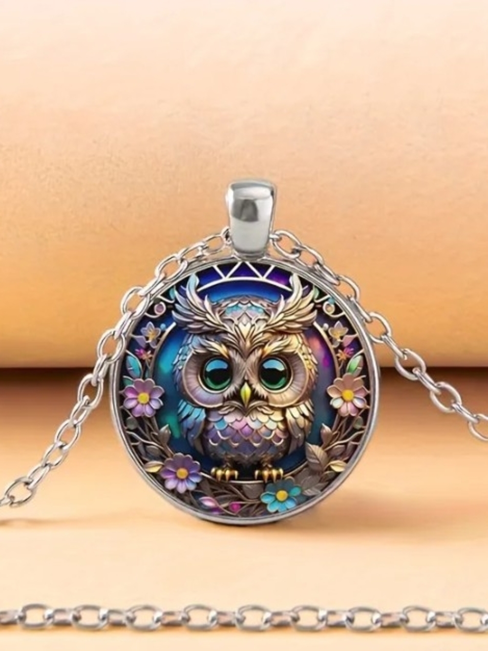 Silver Owl Pendant Necklace with Multicolor Enamel